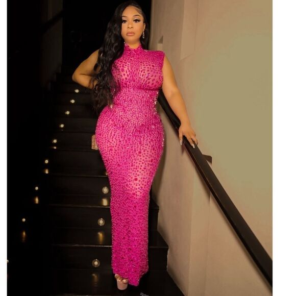 Denoa Label NESSA FUCHSIA PINK MAXI SPARKLY MAXI DRESS Size M - Picture 1 of 4